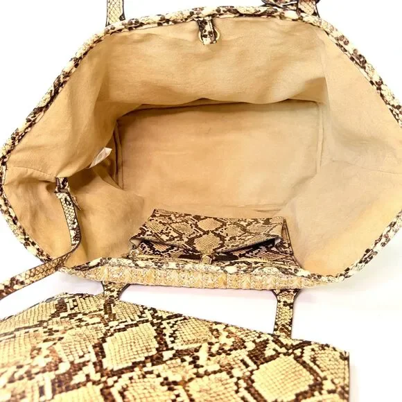 Steve Madden Tote Natural Tan Woven Straw Snakeskin Trim Bonus Pouch - Picture 5 of 12
